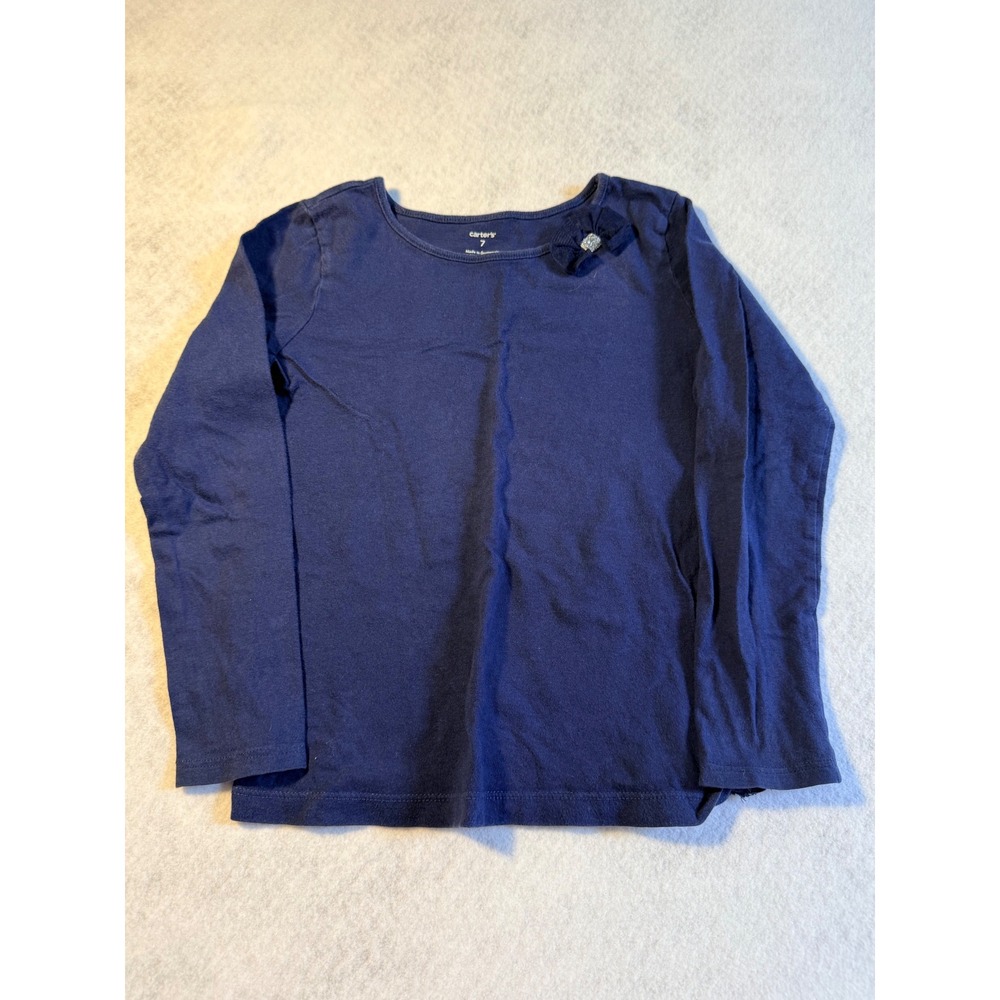 Carters Girls Navy Blue Long Sleeve Tee Shirt Bow Rhinestone Detail Size 7